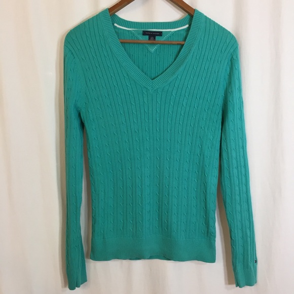 Tommy Hilfiger Sweaters - Tommy Hilfiger Turquoise Cable Knit V-Neck Sweater